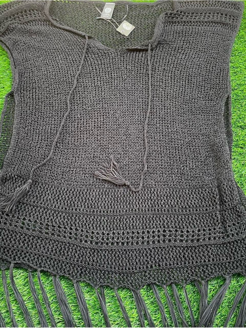 Vince Camuto Black Off-Shoulder Knit Sweater with Fringe
